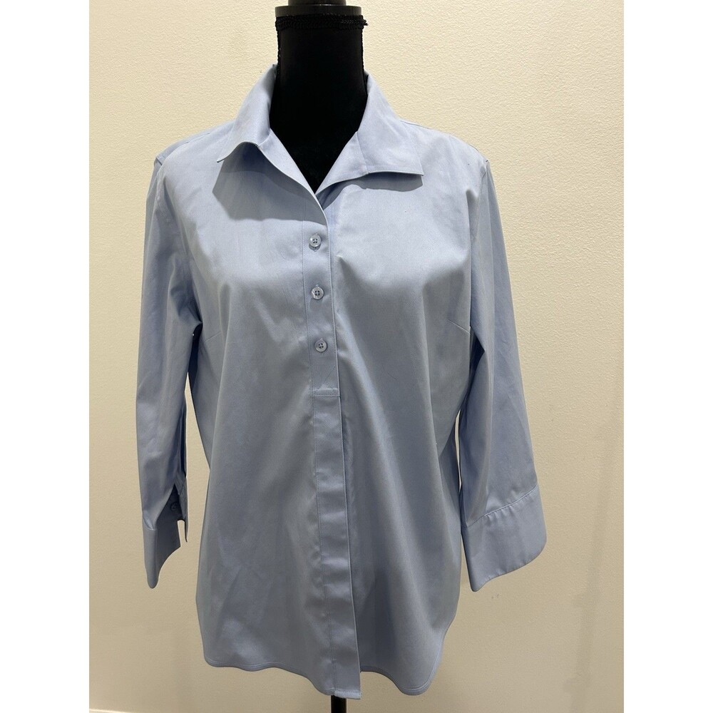 Chicos Sz 2 Womens L Top No Iron Blue Button Up Front 3/4 Sleeves